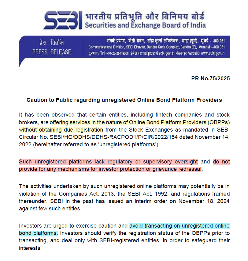 You are currently viewing SEBI Cautions regarding dealing with Unregistered Online Bond Platforms